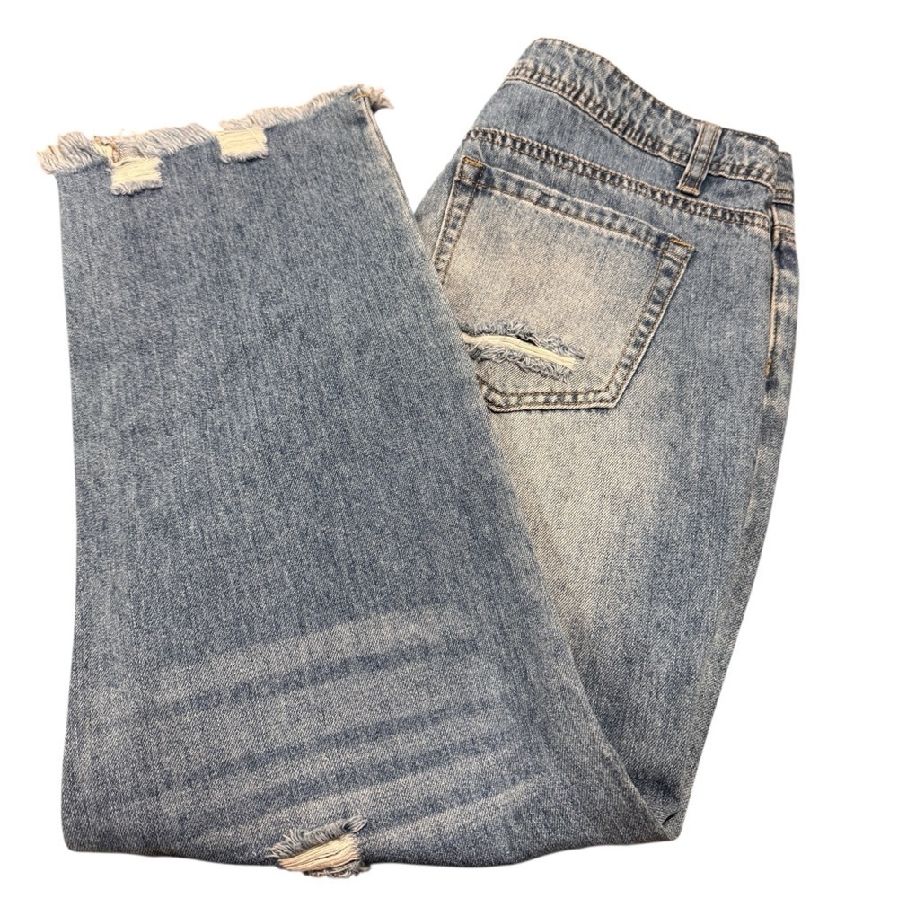 Flamingals Jeans Women’s Blue Distressed Denim Straight Boyfriend Raw Hem Sz Sm - Picture 3 of 8